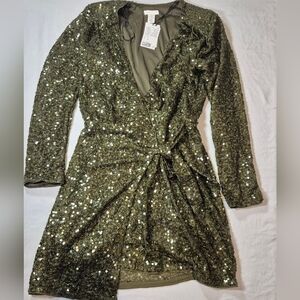 H&M Small Sequin Wrap Dress in Olive Green